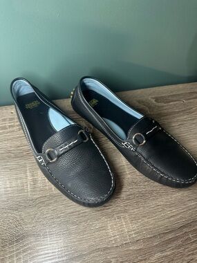 Frances Valentine Leather Driving Loafers Black Horsebit Size 8.5B Classic